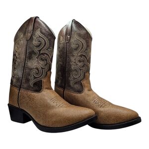 Old West Cowboy Boots Two Tone Brown with Embroidery Manmade Materials Youth